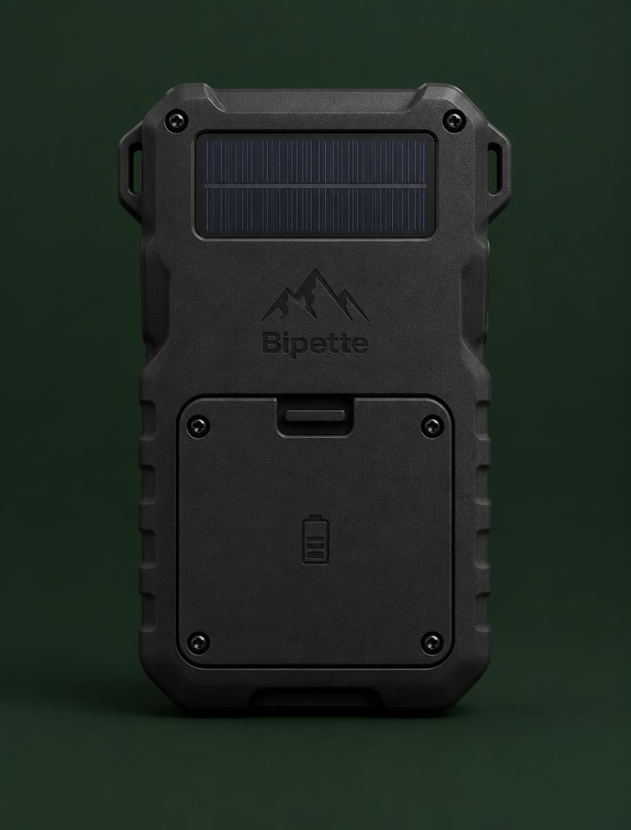 Back view with solar panel and replaceable battery compartment